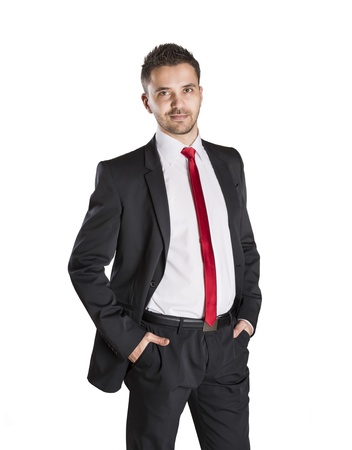 Successful business man is standing on isolated white backgroundの写真素材