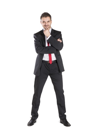 Successful business manager is standing on isolated white backgroundの写真素材