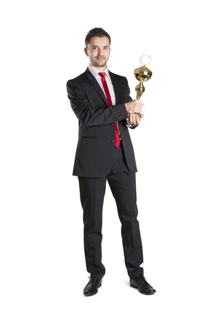 Successful business man is celebrating success on isolated white backgroundの写真素材