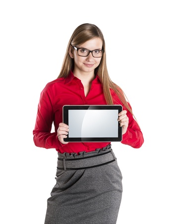 Young beautiful girl with pc tablet on white isolated background.の写真素材