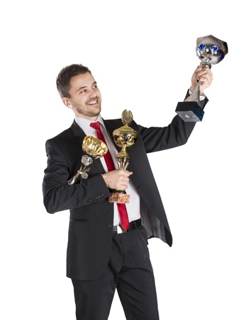 Successful business man is celebrating success on isolated white backgroundの写真素材