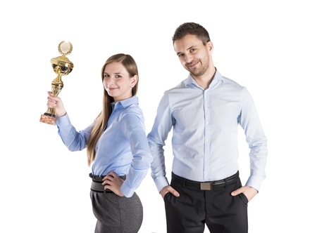 Successful business man and woman are celebrating on isolated white backgroundの写真素材