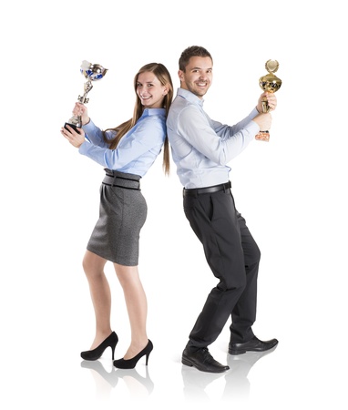 Successful business man and woman are celebrating on isolated white backgroundの写真素材