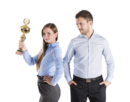 Successful business man and woman are celebrating on isolated white backgroundの写真素材