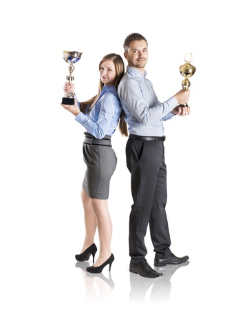 Successful business man and woman are celebrating on isolated white backgroundの写真素材