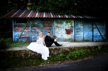Bride and groom outdoor wedding portraits の写真素材
