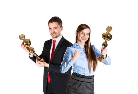 Successful business man and woman are celebrating on isolated white background.の写真素材