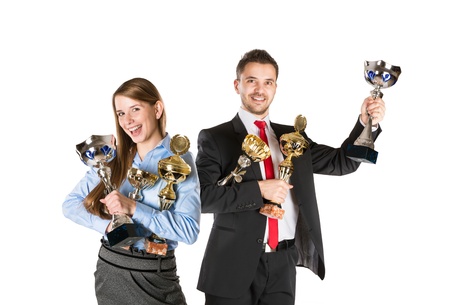 Successful business man and woman are celebrating on isolated white background.の写真素材