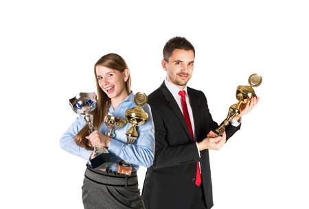 Successful business man and woman are celebrating on isolated white background.の写真素材