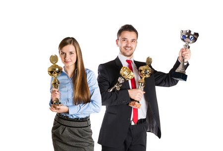 Successful business man and woman are celebrating on isolated white background.の写真素材