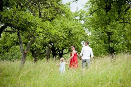 Happy family is playing together in a green meadow.の写真素材