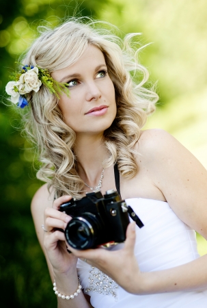 Beautiful bride is enjoying her wedding dayの写真素材