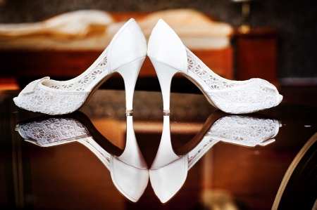Photograph of a beautiful wedding shoes ready for brideの写真素材