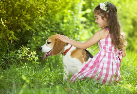 Cute little girl is playing with her dog in the green parkの写真素材