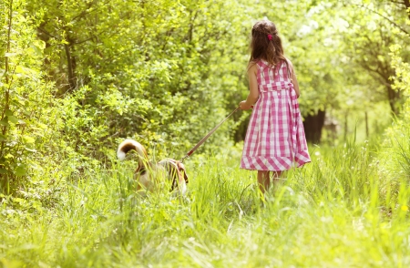 Cute little girl is playing with her dog in the green parkの写真素材