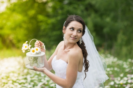 Bride in white wedding dress at the meadowの写真素材