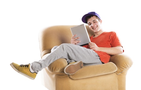 Man with pc tablet is isolated on white backgroundの写真素材