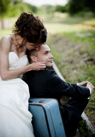 Happy bride and groom on their wedding dayの写真素材