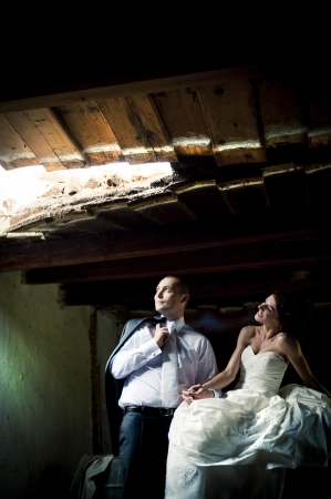 Happy bride and groom on their wedding dayの写真素材