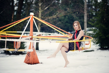 Attractive model in fashion dress in winter countryの写真素材