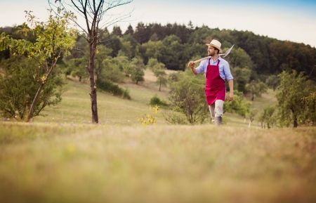 Young male gardener working in the gardenの写真素材