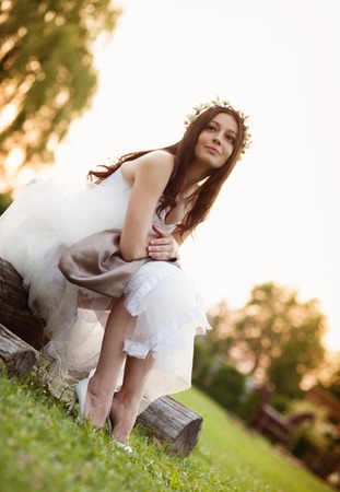 Beautiful bride in country style wedding dressの写真素材