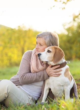 Senior woman hugs her beagle dog in countrysideの写真素材