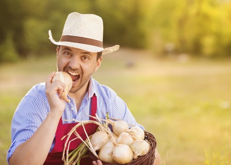 Gardener eat an onionの写真素材