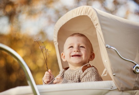 Happy child in warm clothes is playing in colorful autumn natureの写真素材