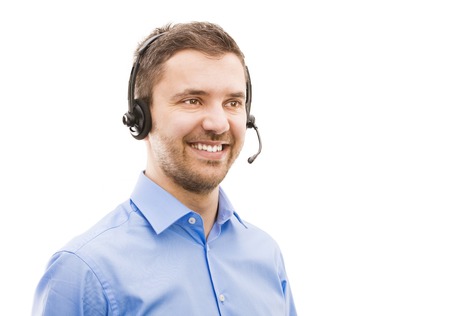 Call center operator isolated on white  Young handsome man with headset 