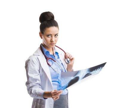 Smiling medical doctor woman with X-ray  Isolated on white background 