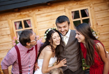 Bride and groom are at the wedding receptionの写真素材