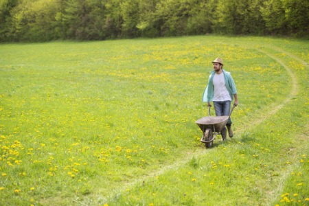 Young male farmer pushing wheelbarrow in the fieldの写真素材