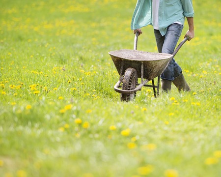 Detail of young male farmer pushing wheelbarrow in the fieldの写真素材