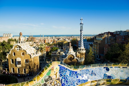 Views from the Parc Guell designed by Antoni Gaudi, Barcelona, Spain の写真素材