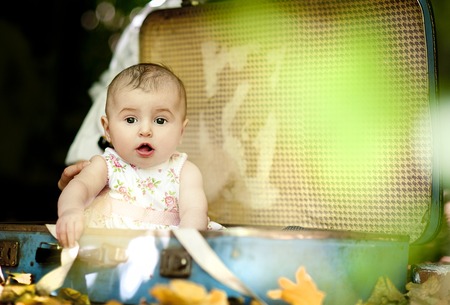 Cute baby girl sitting in old retro suitcase in summer natureの写真素材