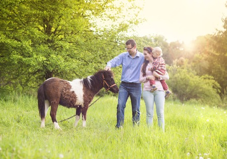Happy family is relaxing in green meadow with ponnyの写真素材