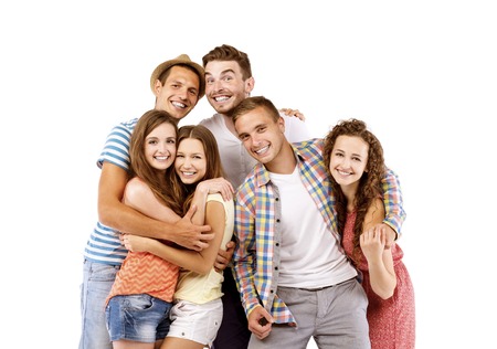 Group of happy young teenager students having fun, isolated on white background  Best friendsの写真素材