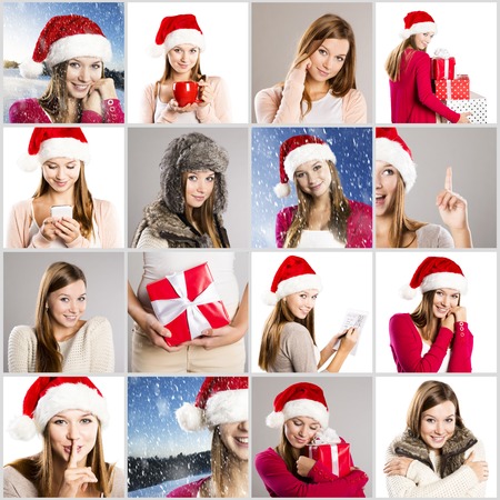Christmas face collage of brunette girl in santa hatの写真素材