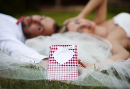 Happy bride and groom enjoying their wedding day in green nature, lying on grassの写真素材