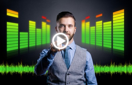 Hipster businessman working on digital virtual screen. Isolated on black background.の写真素材