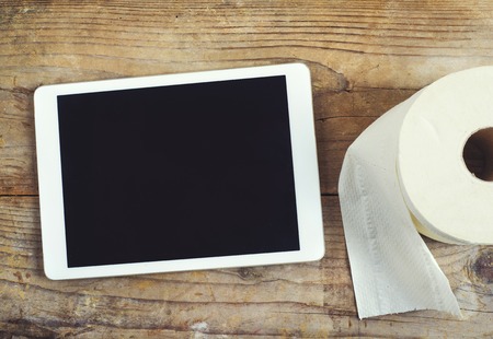 Toilet mix on a wooden floor background. View from above.の写真素材