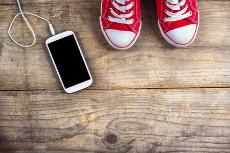Sneakers on wooden backgroundの写真素材