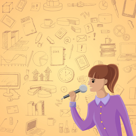 Conference illustration on a hand drawn background of various business iconsの写真素材