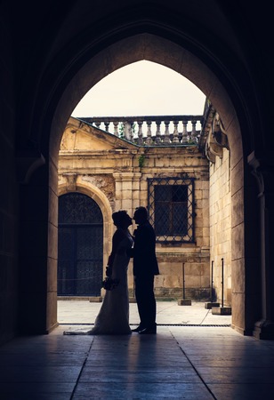 Young wedding couple enjoying romantic moments in front of a castleの写真素材