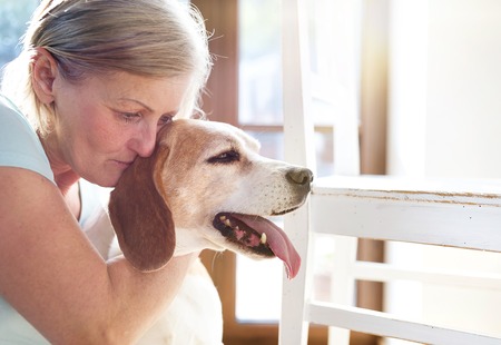 Senior woman with her dog inside of her house.の写真素材