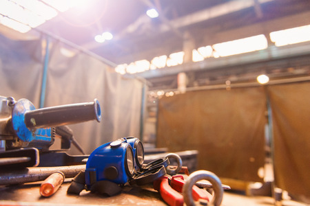 Close up of blue protective eyewear for weldingの写真素材