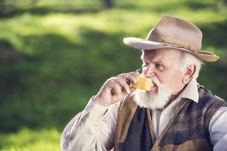 Senior farmer with organic cheese outside in green natureの写真素材