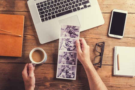 Fathers day composition - office desk. Studio shot on wooden background.の写真素材