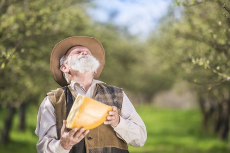 Senior farmer with organic cheese outside in green natureの写真素材